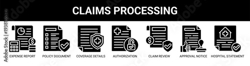 Claims Processing web banner icon vector illustration concept with icons of expense report, policy document, coverage details, authorization letter, claim review, approval notice, hospital statement.