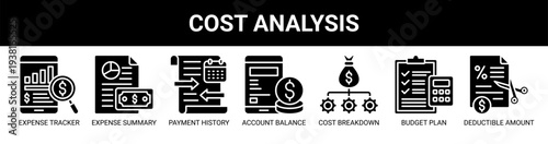 Cost Analysis web banner icon vector illustration concept with icons of expense tracker, expense summary, payment history, account balance, cost breakdown, budget plan, and deductible amount.