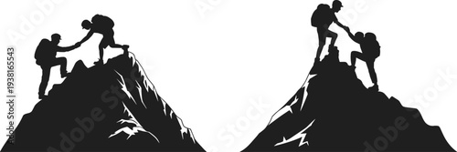 Mountain climbers helping each other to reach peak silhouette vector illustration, teamwork and partnership for success