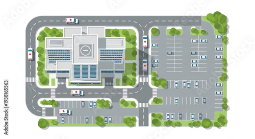Aerial View of a Modern Office Building Complex with Parking Lot and Road.