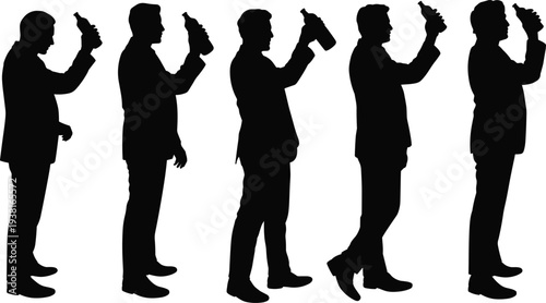 Professional men in suits holding bottles silhouette vector set, businessman character poses for celebration and refreshment