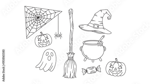 Halloween icons set with pumpkins, ghost, witch hat, cauldron, broom, candy, spider web, and spider, for spooky celebration design elements.
