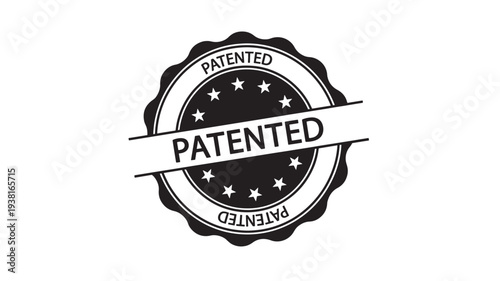 Seal officially approved patented with stars and wavy border, black and white. featuring Patent, trademark, legal with intellectual property and