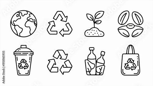 Eco friendly icons set for sustainable living and recycling concepts with earth seedling coffee beans trash can arrows bottle and bag symbols