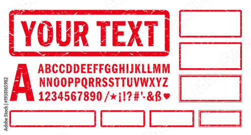 Alphabet, numbers and symbols to create a custom red stamp impression. Different doubled letters. All elements separate