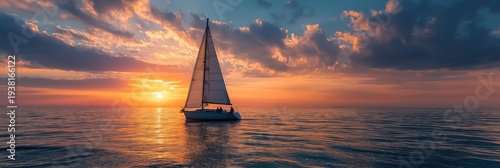 Sailboat sailing on ocean water during a colorful cloudy sunset creating a romantic mood. Sailboat cruising at sunset with a couple on board