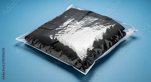 A clear plastic package containing a shiny black and white pouch on a blue surface