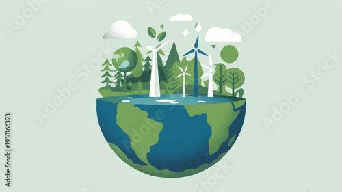 Eco friendly earth with green trees wind turbines and clean energy symbols on a light background representing sustainable living and environmental conservation globally