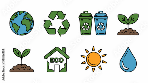 Sustainable living icons set featuring eco friendly symbols like earth recycling green energy and eco house surrounded by growing plants