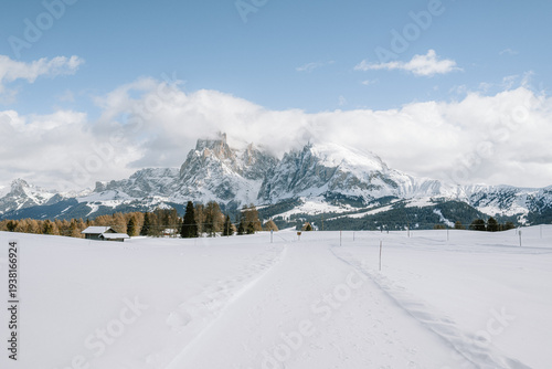 Blick von der Seiser Alm auf das Langkofelmassiv im Winter mit Skipisten und Langlaufloipen