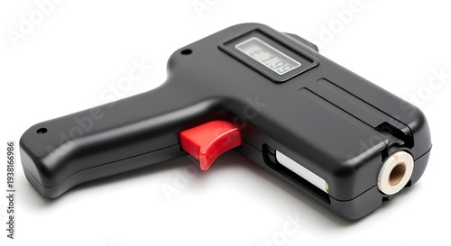 Black handheld device with red button and digital display on white surface for technology and gadgets