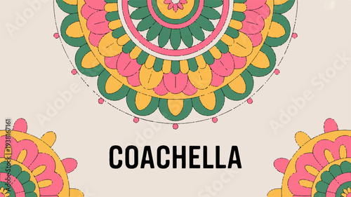 Vibrant coachella festival logo with colorful mandala design on light beige background perfect for music event branding