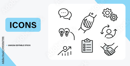 Icon Collection: A set of clean, minimalist line icons, each representing a core concept within the world of business and technology. From brainstorming to teamwork.