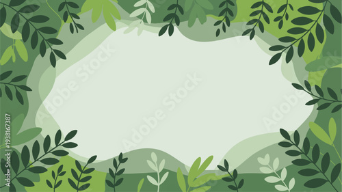 Green leafy frame with blank center surrounded by lush foliage and varying shades of green perfect for nature themed designs and eco friendly concepts
