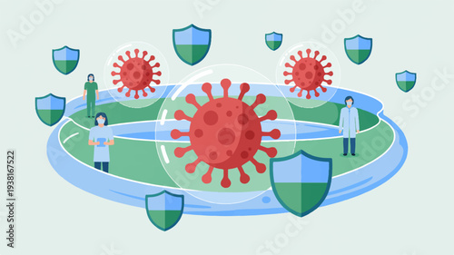 Virus protection concept with people and shields surrounding coronavirus in a circular formation