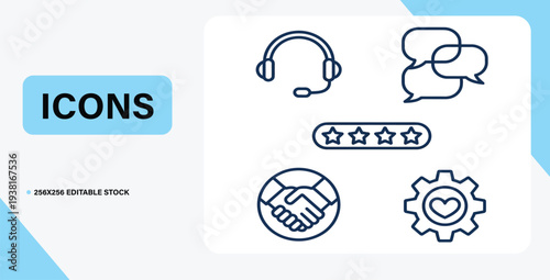Customer Service Icons: A set of clean, minimalist icons symbolizing key elements of exceptional customer service, showcasing the principles of support and satisfaction. 