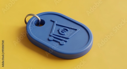 Blue plastic key fob with shopping cart and dollar sign on yellow background