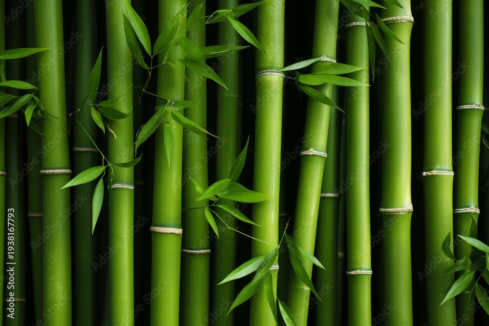 Obraz premium Green bamboo forest background with fresh leaves growing on stalks
