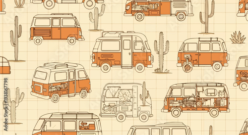 Retro Camper Van Pattern with Cacti and Desert Landscape Background - Vintage Van Life Illustration
