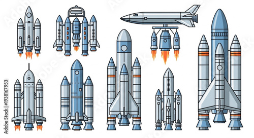 Collection of various rocket ships and space shuttles launching into space.