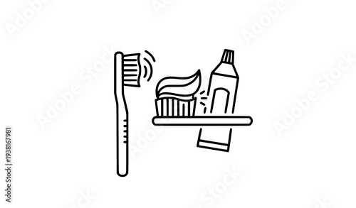 Toothbrush with Toothpaste Outline Icon Thin Line Vector Dental Hygiene Pictogram Isolated on White