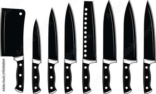 Professional kitchen knife set black silhouette isolated chef knives collection butcher cleaver culinary tools cooking equipment flat vector illustration bundle
