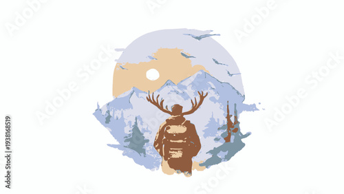 Lone Wanderer with Antlers in Mountain Landscape Circular Emblem