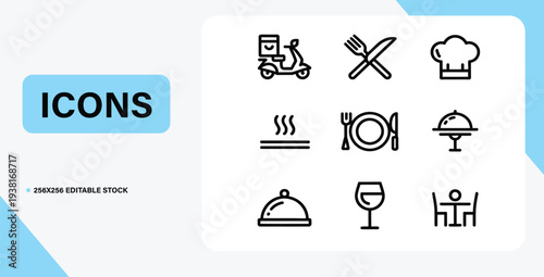 Iconic Culinary Collection: A concise visual language of culinary elements, featuring line art icons that signify diverse food and dining services, designed with clarity and simplicity.