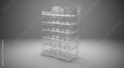 Clear plastic multilevel shelf unit for display purposes  empty and isolated on gray background