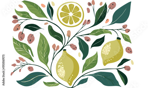 Modern rustic lemon botanical border design 2, stylized citrus illustration kitchen decor, farmhouse style Mediterranean fruit and foliage design, vine arrangement with yellow fruits and green leaves
