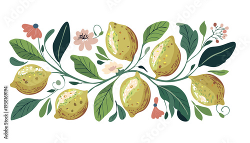 Modern rustic lemon botanical border design 1, stylized citrus illustration kitchen decor, farmhouse style Mediterranean fruit and foliage design, vine arrangement with yellow fruits and green leaves