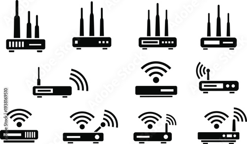 WiFi router icon set, wireless internet modem symbols, network hardware collection, signal transmitter devices, communication technology flat vector illustration pack