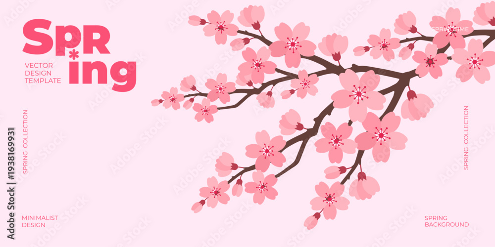 Fototapeta premium Spring banner, greeting card, cover, poster with Sakura cherry blossom branches. Floral art template for sale, Japanese themed, Hanami, Womens Day, Mothers Day, birthday, Easter.