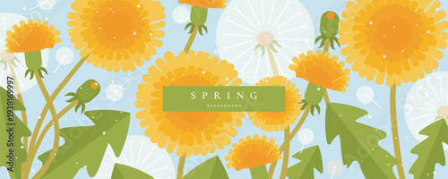 Modern spring banner, greeting card, cover, poster with dandelion on blue background. Floral art template for seasonal design, advertising, social media, web.