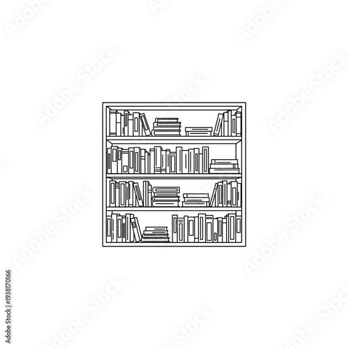 Minimalist line art illustration of a bookshelf filled with books