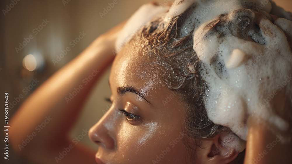 Obraz premium A woman shampooing her curly hair in a salon setting
