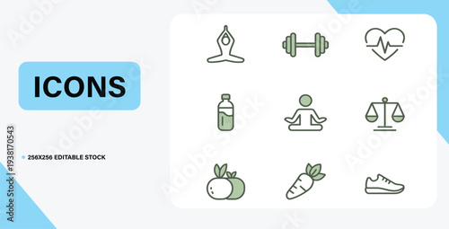 Wellness Icon Set: A comprehensive collection of modern wellness icons, each thoughtfully designed to represent a balanced and healthy lifestyle. The icons represent various aspects of wellness.
