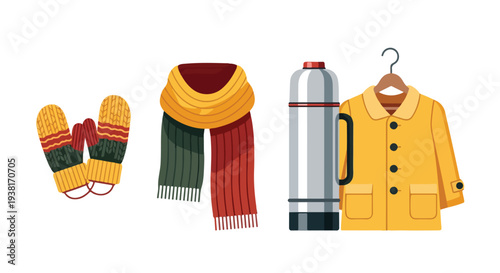 Collection of winter clothing items and a thermos on a white background with warm colors.