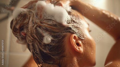 A person washing their hair with shampoo in a sink