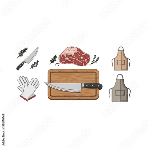 Butcher Tools Meat Steak Cutting Board Aprons Gloves Herbs