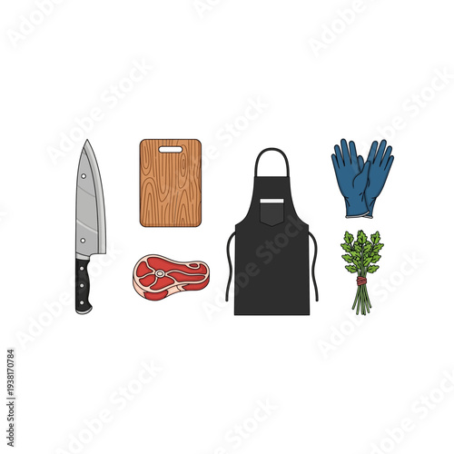 Butcher Set Meat Steak Knife Cutting Board Apron Herbs