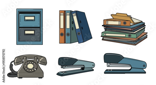 Flat lay illustration of office supplies including a file cabinet, binders, books, a rotary phone, and staplers on a white background.