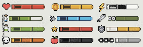 pixel progress bar 8bit retro arcade game status indicator, rpg gaming pixelated interface, health meter stamina energy level, weapon coin potion shield heart skull vector set, decorative emblem for r