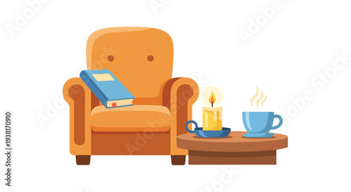 Flat illustration of an orange armchair with a book, a lit candle on a saucer, and a steaming blue coffee mug on a wooden side table against a plain white background.