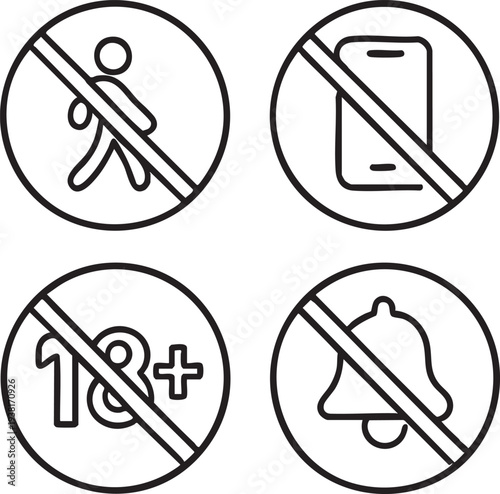 Prohibition and Restriction Icons Set No Pedestrians No Mobile Phones 18 Plus Muted Bell Black Vector
