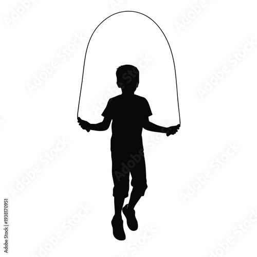 Fitness activity young boy jumping with skipping rope on white background