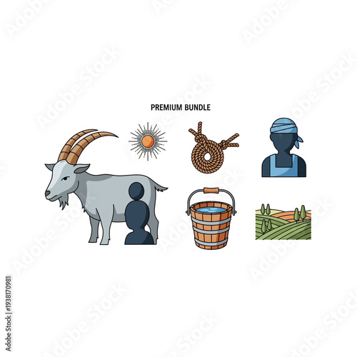 Goat Farming Scene with Farmer, Bucket, and Field
