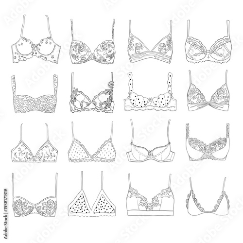 Female lingerie collection. Set of black and white lineart bras. Woman underwear vector flat sign