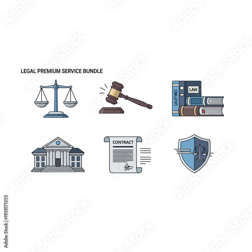 Legal Premium Service Icons: Scales, Gavel, Books, Courthouse, Contract, Shield