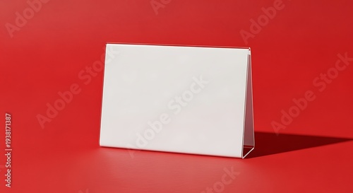 White card standing on red background with shadow  simple still life photography of blank card mockup for design